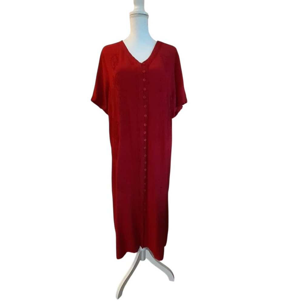 Phases Maxi Dress Womens Size 2X Red Embroidered Button Front Short Sleeve - Picture 2 of 8